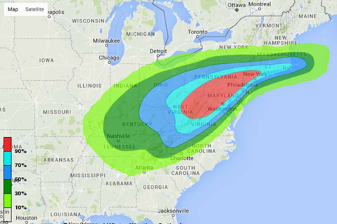 Mapa que muestra el área que podría quedar afectada por una tormenta invernal que se aproxima al este de Estados Unidos. Imagen en base a un modelo computarizado. Foto: National Oceanic and Atmospheric Administration via AP en español.