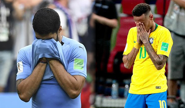 Luis Suárez y Neymar lamentan la eliminación de sus selección en cuartos de final del Mundial de Rusia 2018. | AFP y EFE